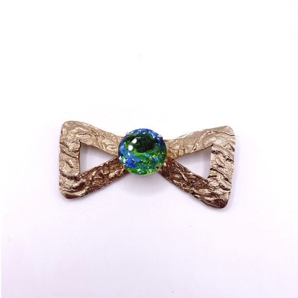Vintage Brooch Bow with Bohemian Green and Blue Glass 2” long - Picture 1 of 8
